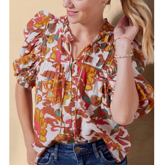 Evereve Cleobella Zola Organic Cotton Boho Puff Sleeve Blouse - Picture 2 of 9